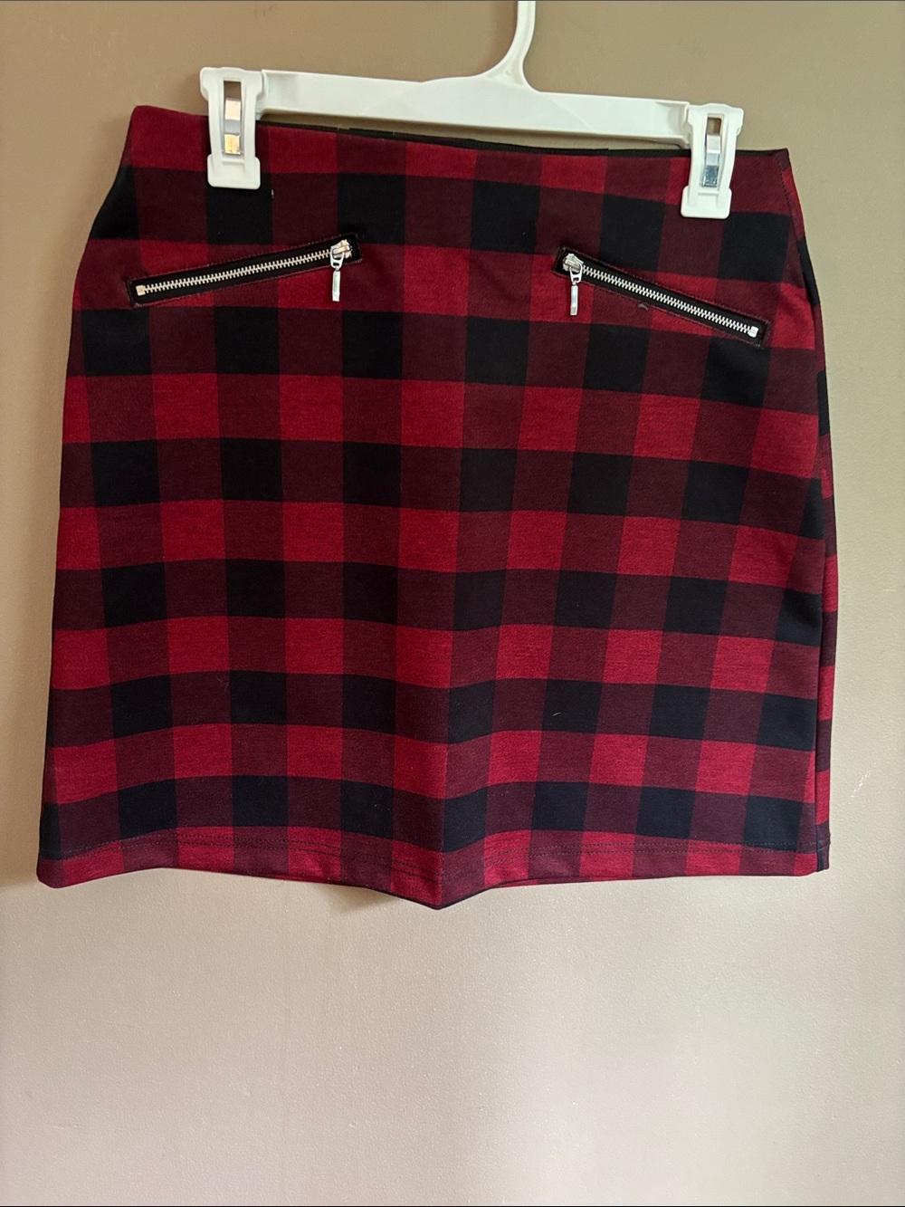 Red and Black Buffalo Plaid Mini Skirt with Zip Pockets